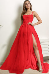 A-Line Sweep-Brush Train Tulle Prom Dress CS0415 - COCOMELODY
