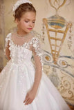A-Line Illusion Neck Floral Applique Tulle Flower Girl Dresses 972513009627