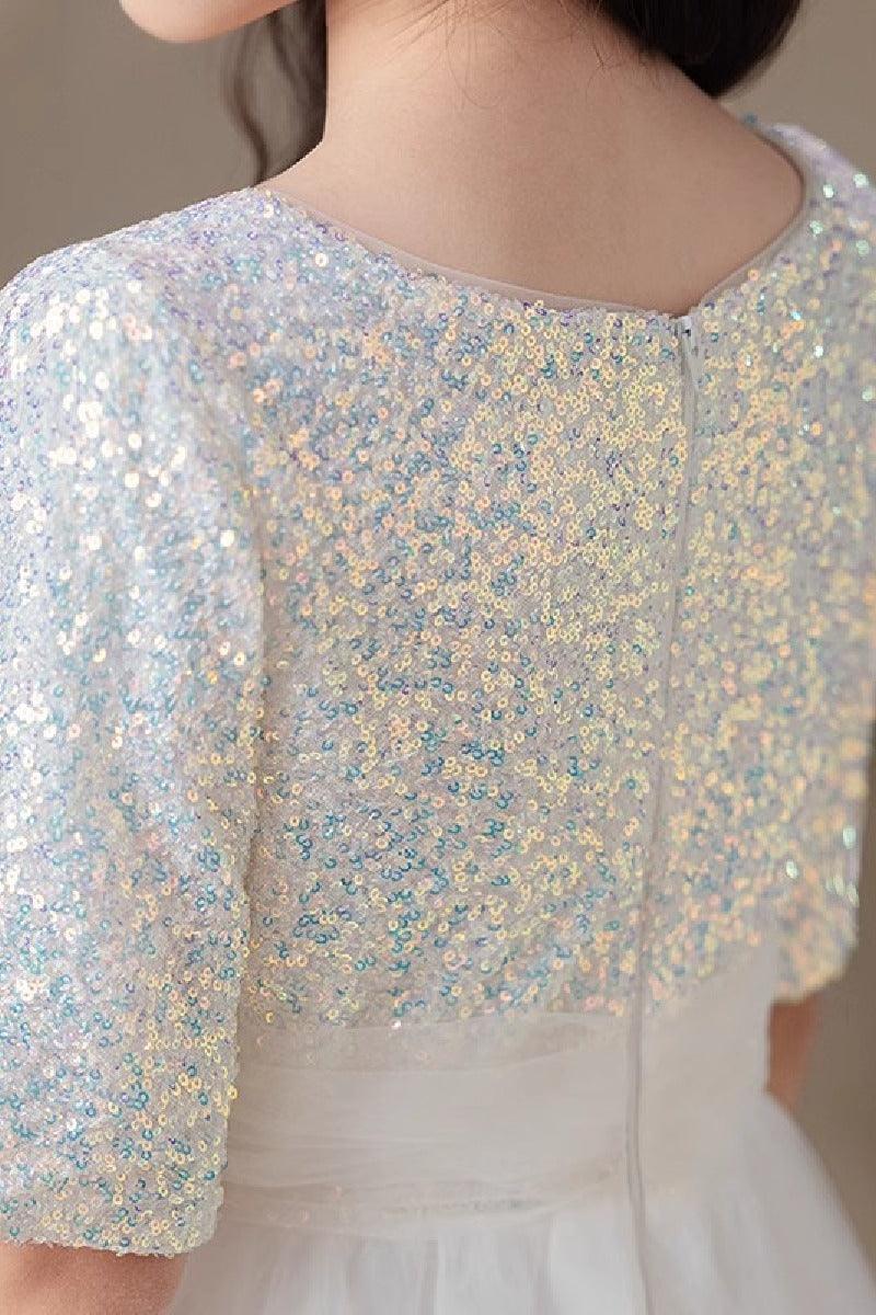 A-line/Princess Scoop Neck Tea-Length Tulle Sequined Flower Girl Dress 822092827358 - COCOMELODY