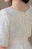 A-line/Princess Scoop Neck Tea-Length Tulle Sequined Flower Girl Dress 822092827358 - COCOMELODY