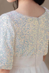 A-line/Princess Scoop Neck Tea-Length Tulle Sequined Flower Girl Dress 822092827358 - COCOMELODY