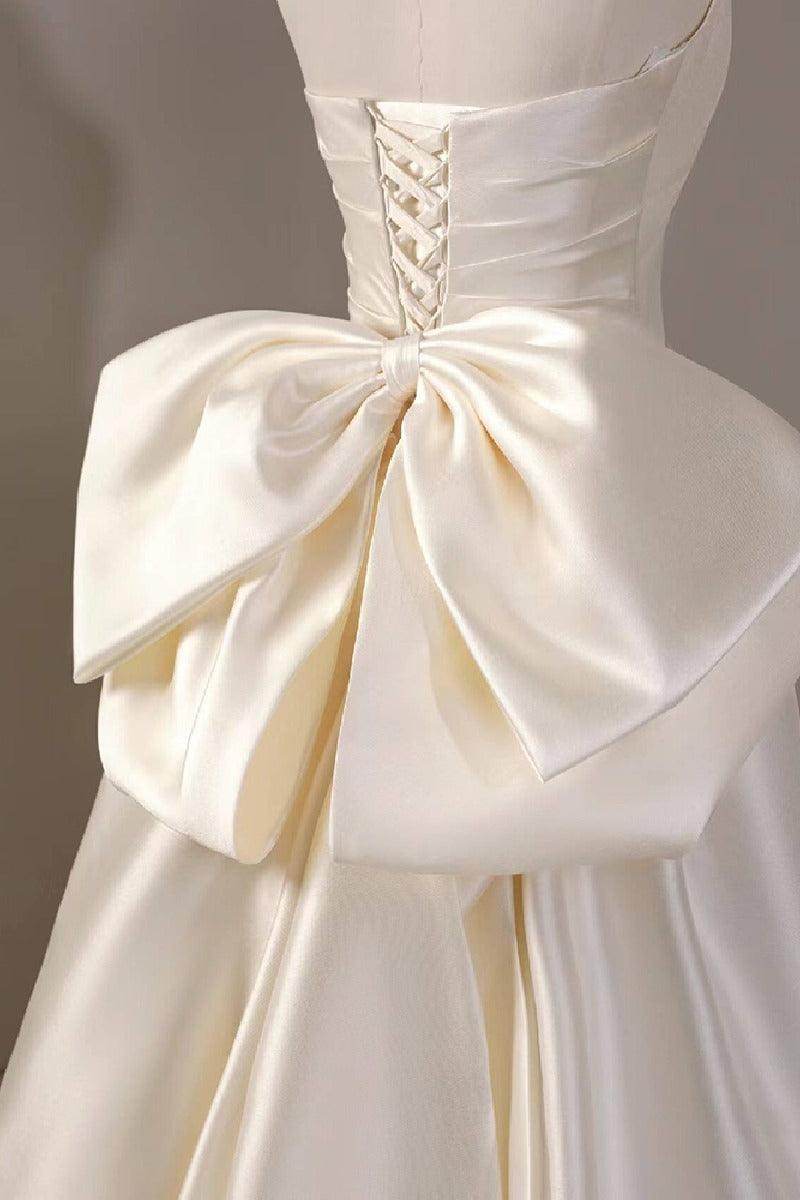 A-Line Sweep-Brush Train Satin Wedding Dress 814546469493 - COCOMELODY