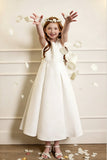A-Line Ankle Length Satin Square Neck Appliques Flower Girl Dresses 1061417986274