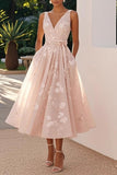 A-Line Tea Length Lace Wedding Guest Dress 936977177647