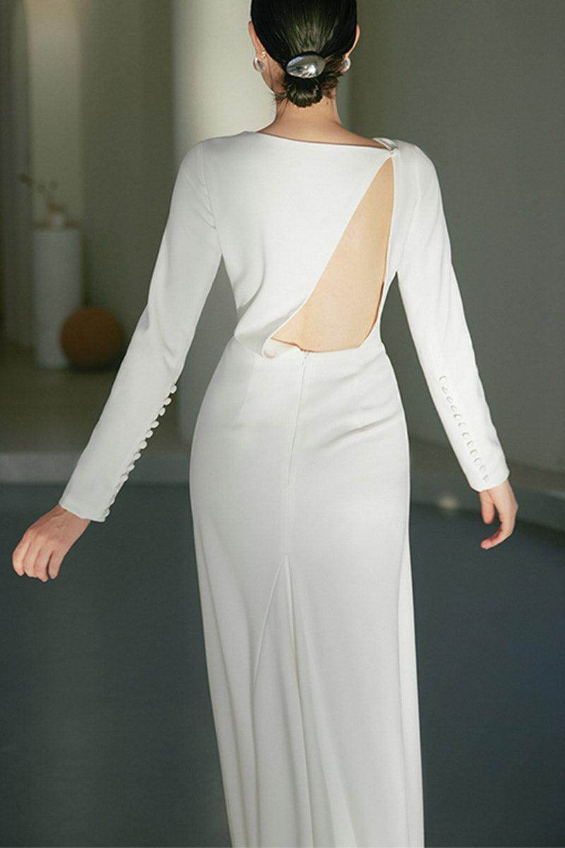 A-Line Sweep-Brush Train Stretch Satin Wedding Dress 681779653285 - COCOMELODY