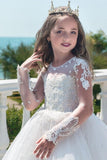 Ball Gown Illusion Round Neck Long Illusion Lace Sleeves Tulle Sweep-Brush Train Flower Girl Dresses 618147584052