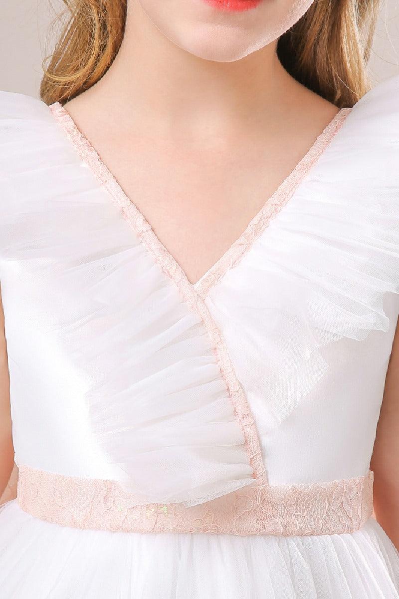 A-line/Princess V Neck Ankle Length Tulle Flower Girl Dress 749446713431 - COCOMELODY