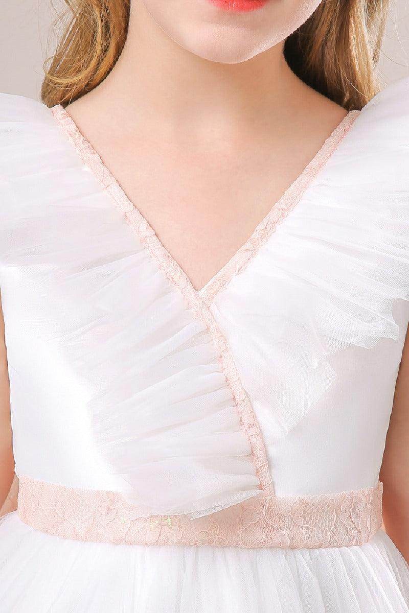A-line/Princess V Neck Ankle Length Tulle Flower Girl Dress 749446713431 - COCOMELODY