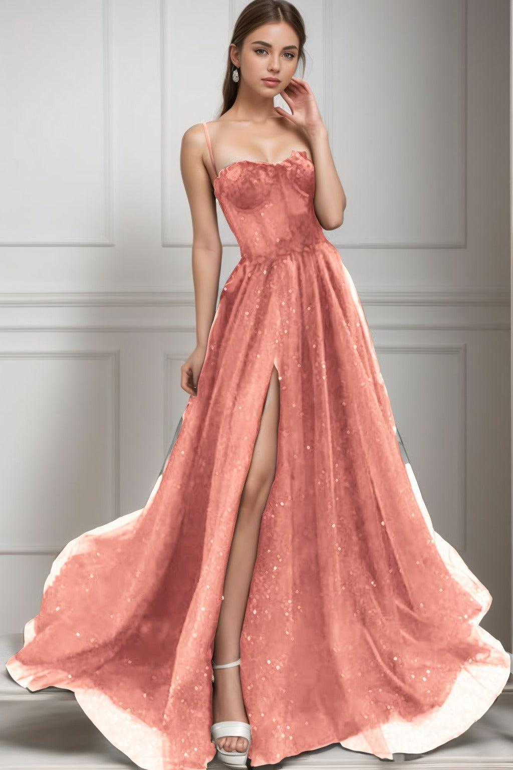 A-Line Sweep-Brush Train Tulle Prom Dress CS0439 - COCOMELODY