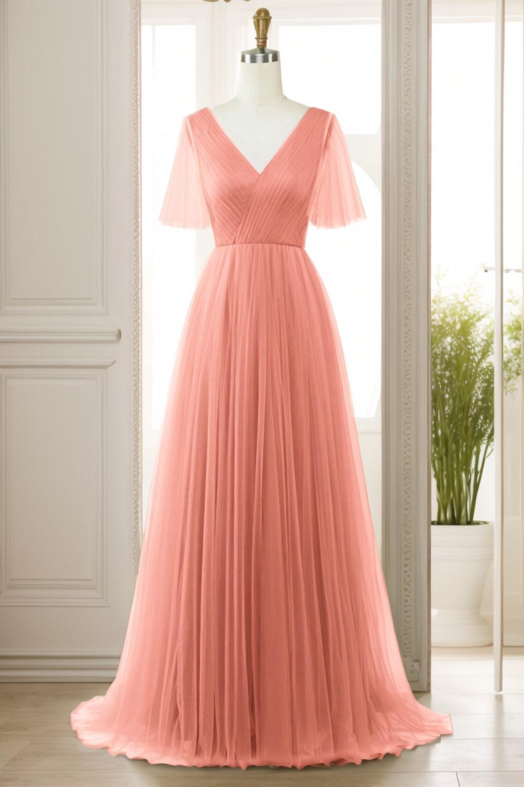 A-Line Sweep-Brush Train Tulle Prom Dress CS0472 - COCOMELODY