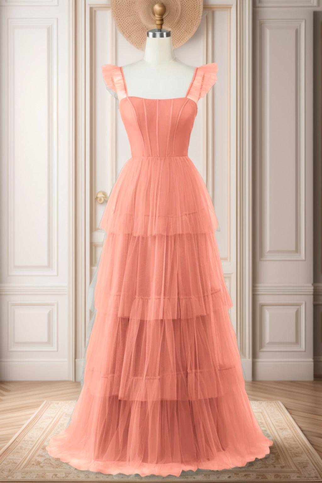 A-Line Sweep-Brush Train Tulle Prom Dress CS0471 - COCOMELODY