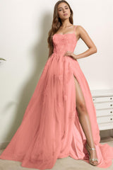 A-Line Sweep-Brush Train Tulle Prom Dress CS0415 - COCOMELODY