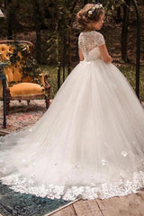 A-Line Scoop Neck Short Sleeve Tulle Court Train Flower Girl Dresses 819345177220 - COCOMELODY
