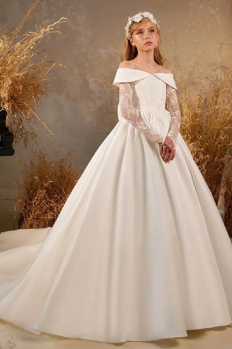 A-Line Off The Shoulder Neck Long Sleeve Satin Flower Girl Dresses 788625737873 - COCOMELODY