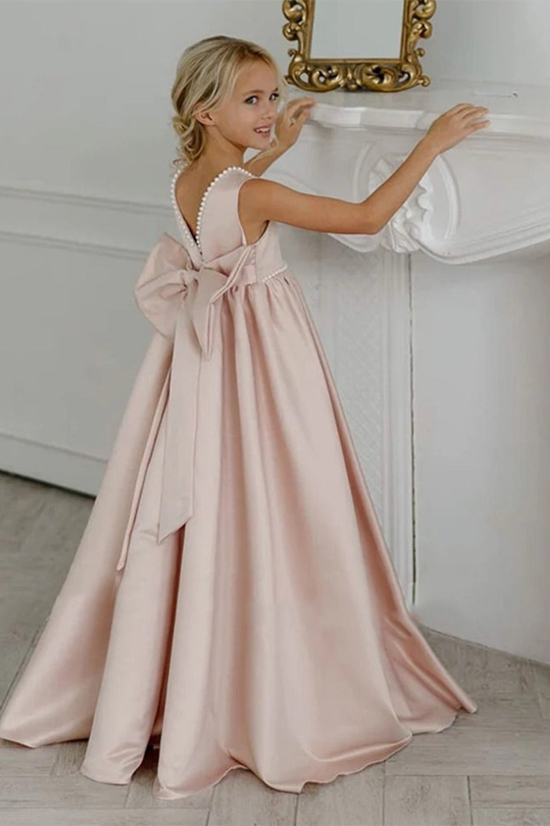 Satin Pearl Trim Deep V-Back Bow Floor Length Flower Girl Dresses 912220986900