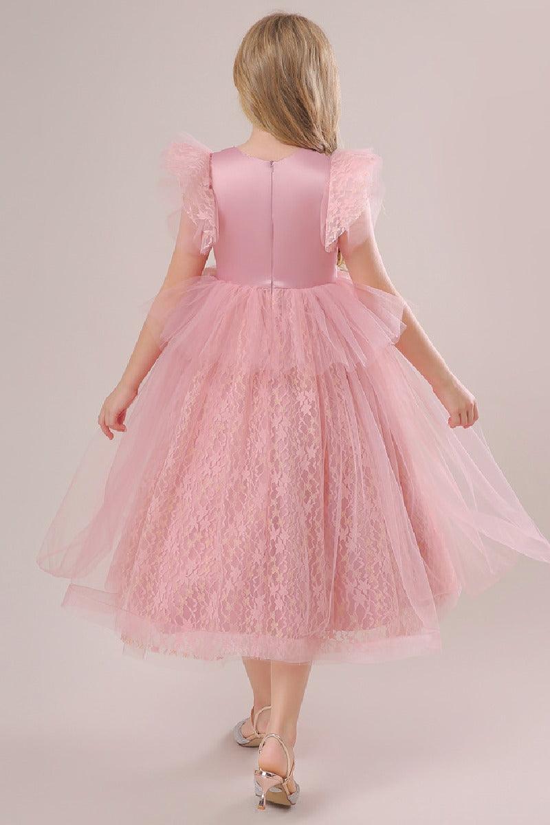 A-Line Illusion Neck Short Sleeves Midi Lace Flower Girl Dresses 749518906079 - COCOMELODY