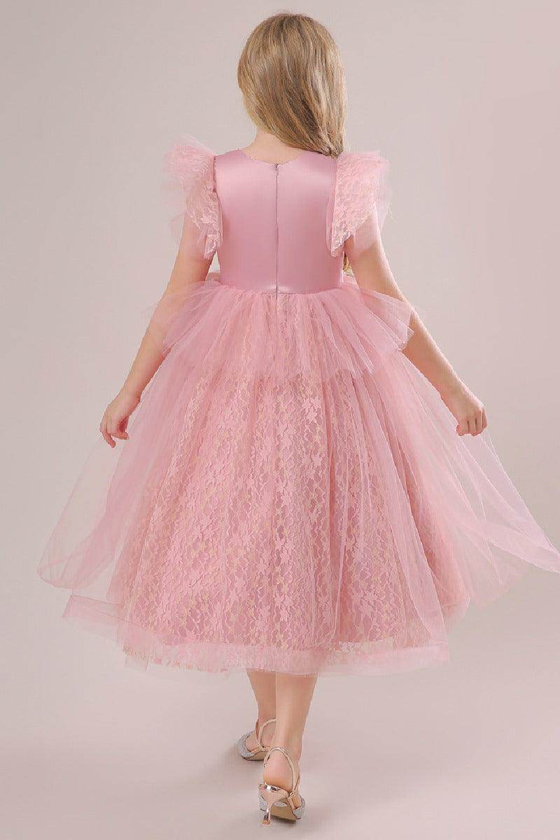 A-Line Illusion Neck Short Sleeves Midi Lace Flower Girl Dresses 749518906079 - COCOMELODY