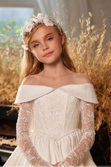 A-Line Off The Shoulder Neck Long Sleeve Satin Flower Girl Dresses 788625737873 - COCOMELODY