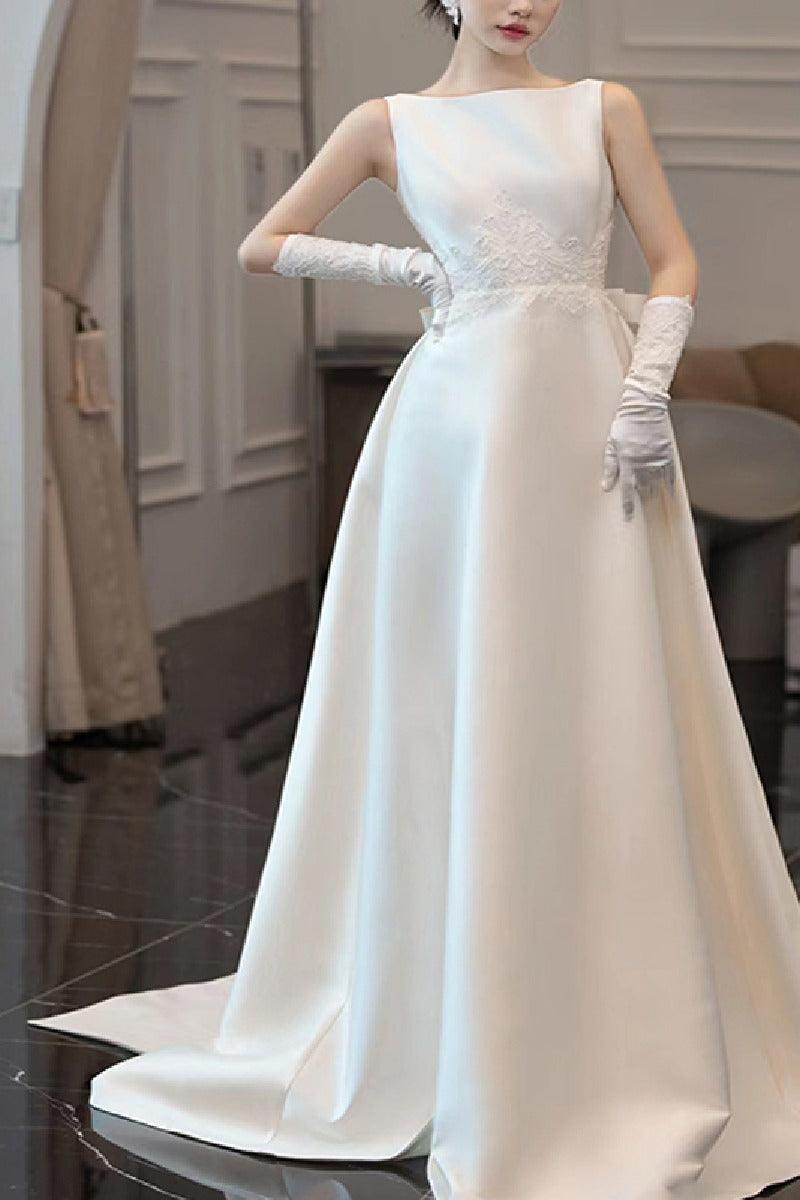 A-Line Chapel Train Satin Wedding Dress 732407195176 - COCOMELODY