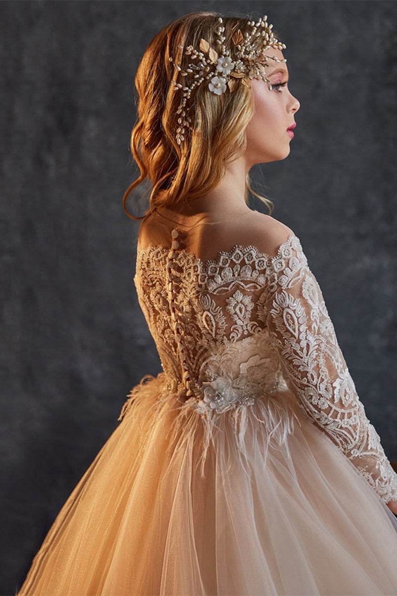 A-Line Illusion Long Sleeve Tulle Sweep-Brush Train Flower Girl Dresses 772649272412 - COCOMELODY