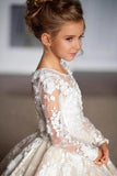 A-Line Illusion Neck Long Sleeve Lace Chapel Train Flower Girl Dresses 688674536065 - COCOMELODY