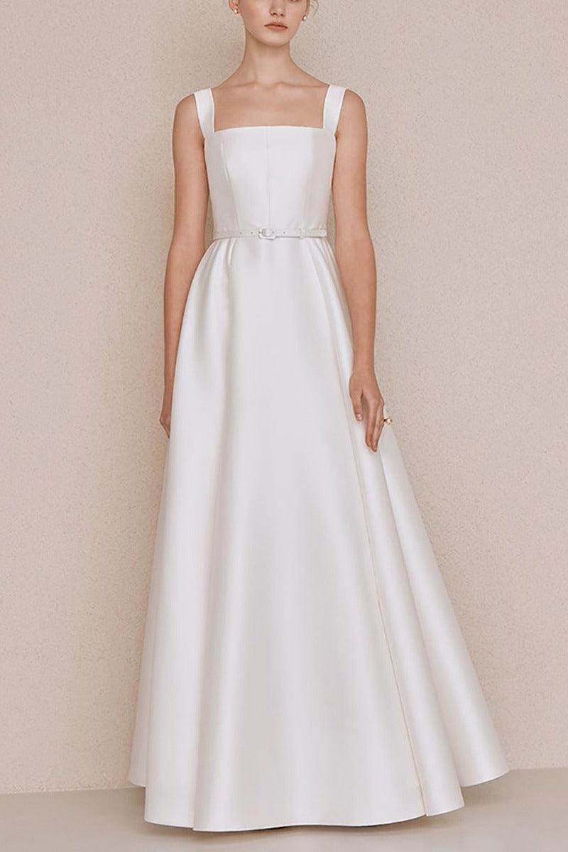 A-Line Floor Length Satin Wedding Dress 742347951746 - COCOMELODY
