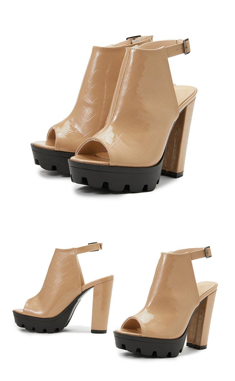 Peep Toe Ankle Strap Pointy Block Heel Sandals 666210033920 - COCOMELODY