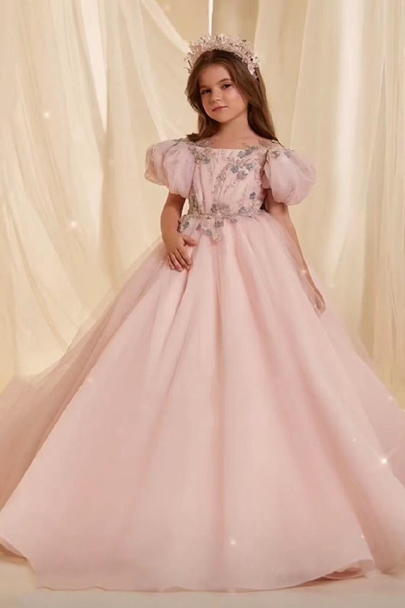 A-Line Puff Sleeves Sweep-Brush Train Illusion Flower Girl Dresses 769681401101
