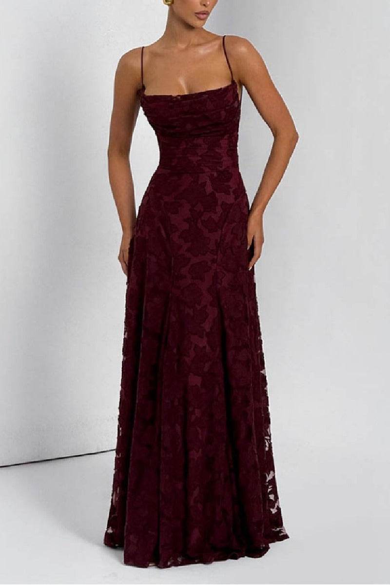 A-line Lace Maxi Formal Wedding Guest Dress Spaghetti Straps Criss Cross Back Elegant Formal Evening Dresses COCOMELODY 976108418795