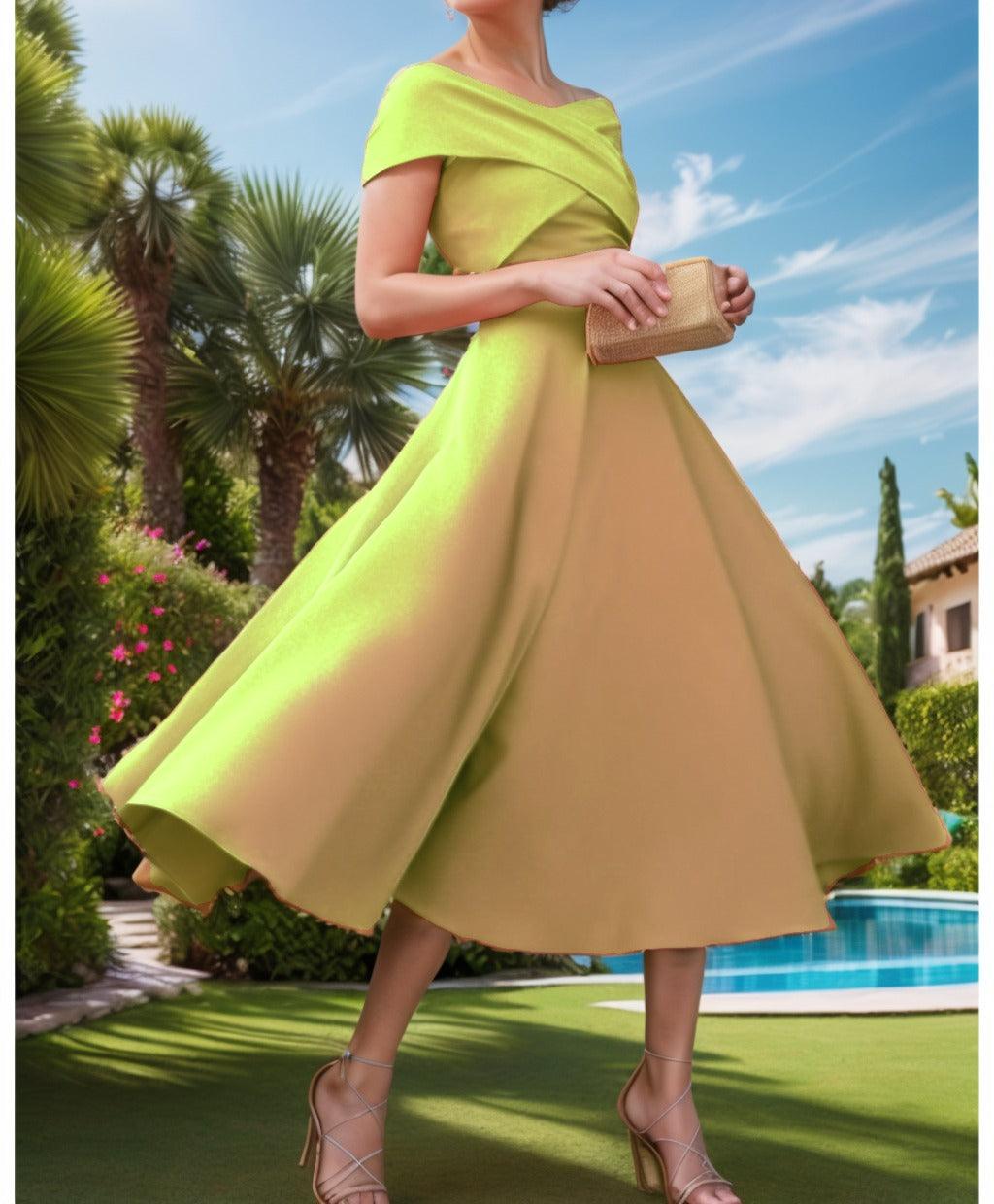 A-Line Tea Length Satin Prom Dress CS0455 - COCOMELODY