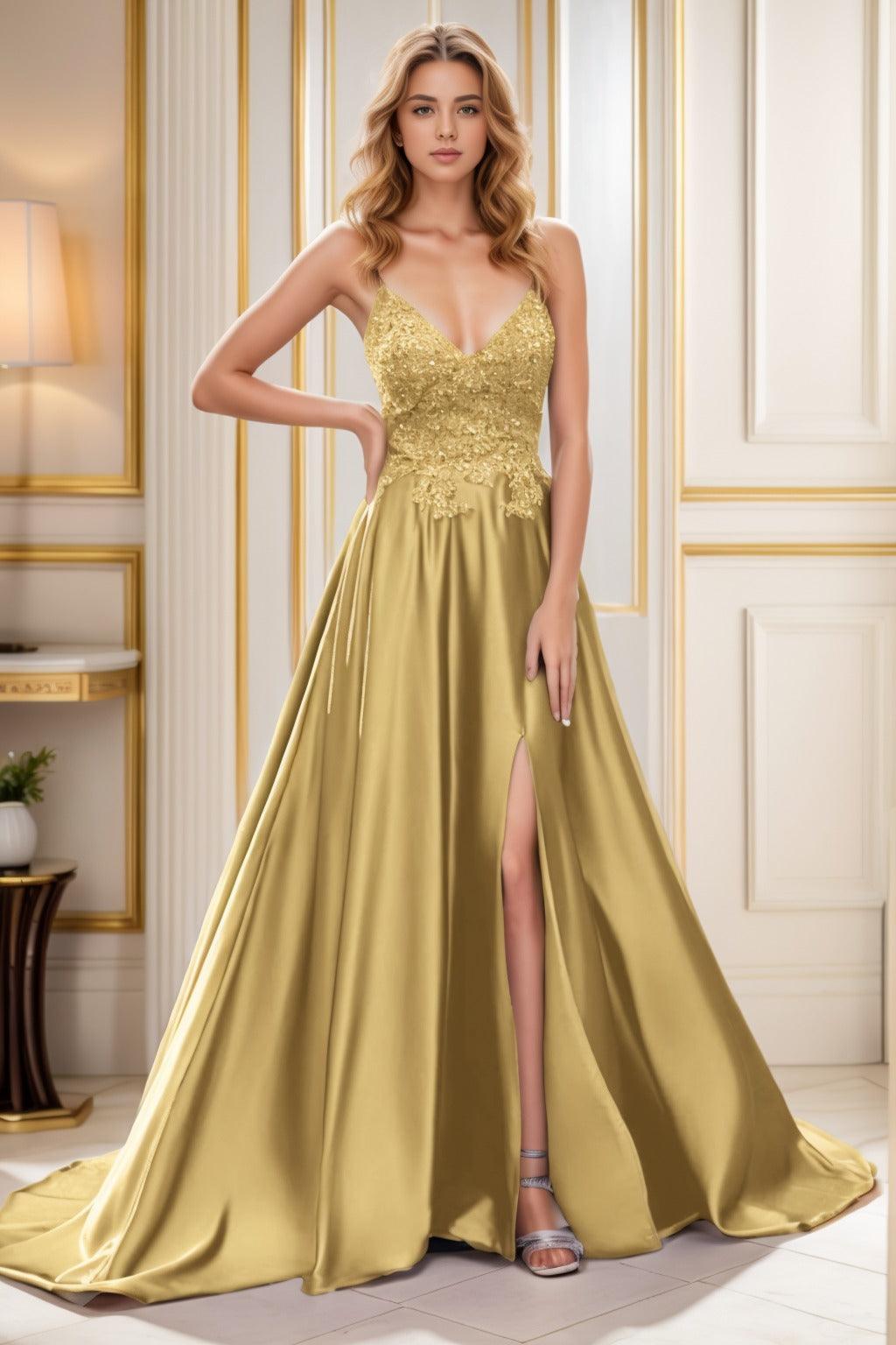 A-Line Court Train Satin Prom Dress CS0460 - COCOMELODY