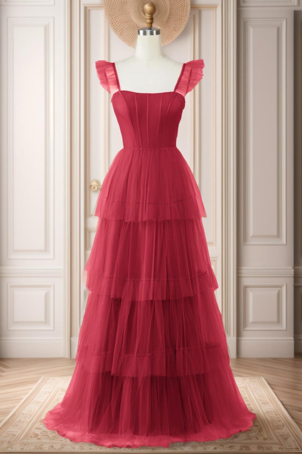 A-Line Sweep-Brush Train Tulle Prom Dress CS0471 - COCOMELODY