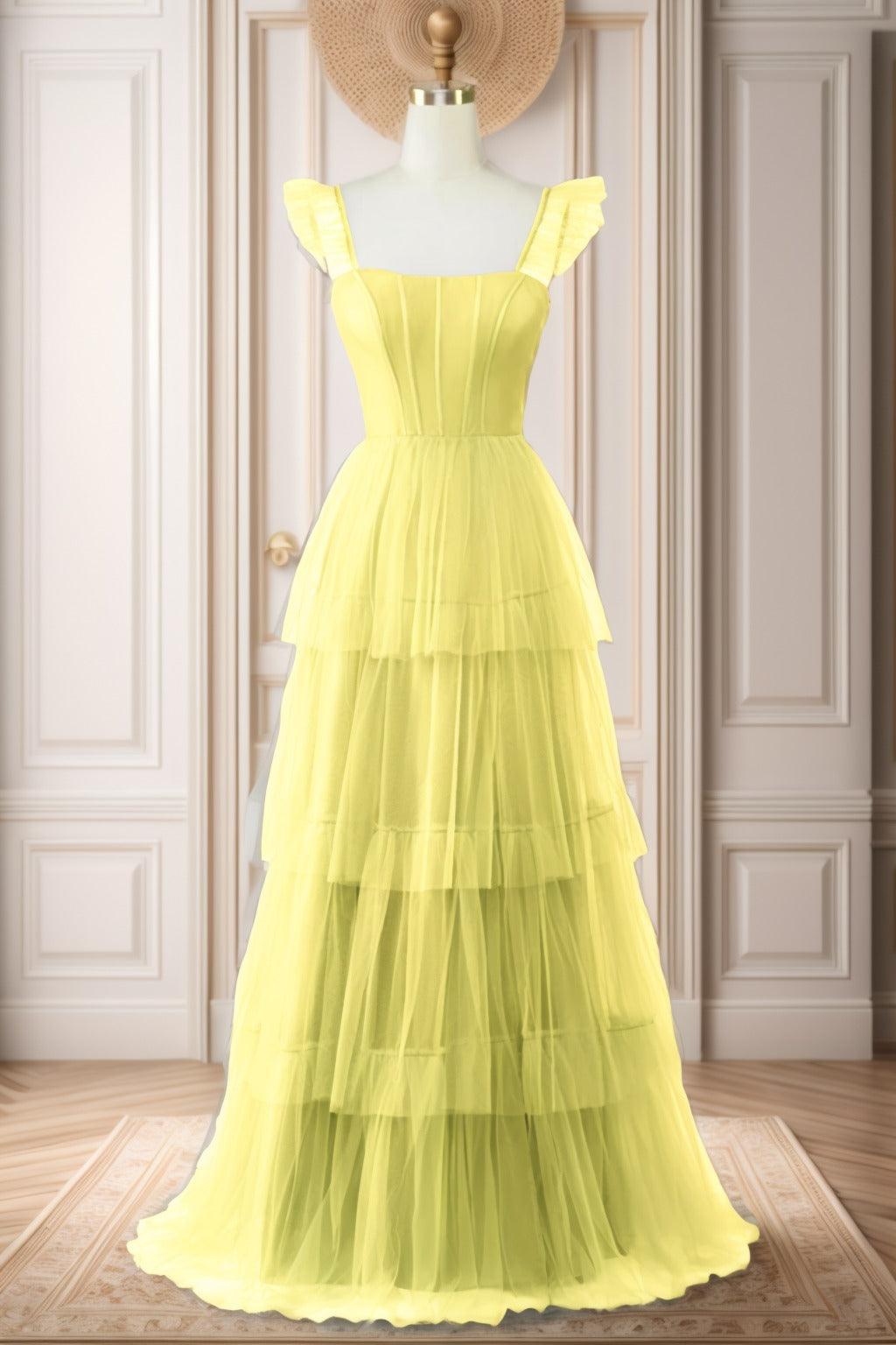 A-Line Sweep-Brush Train Tulle Prom Dress CS0471 - COCOMELODY