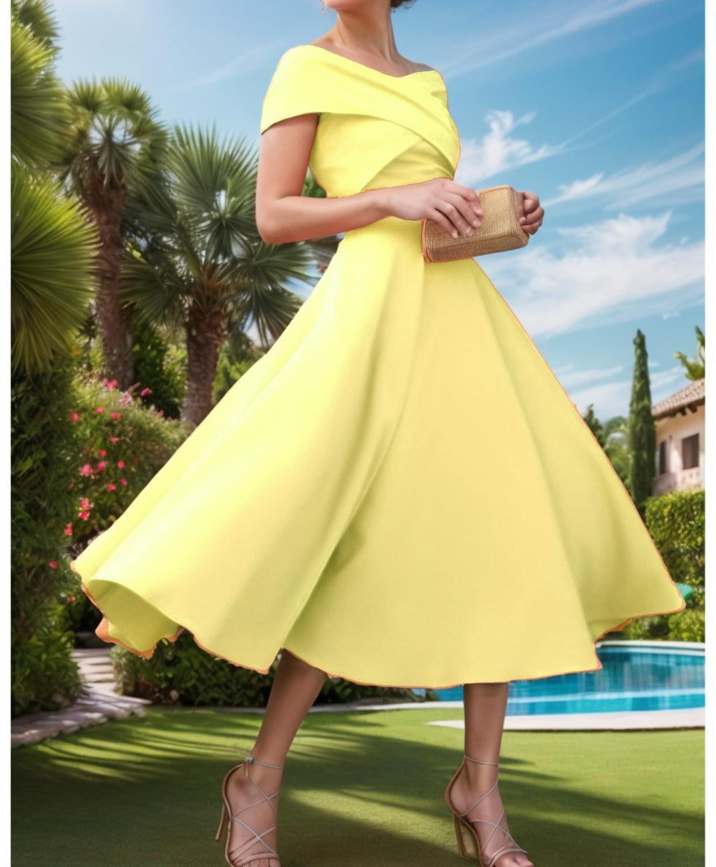 A-Line Tea Length Satin Prom Dress CS0455 - COCOMELODY