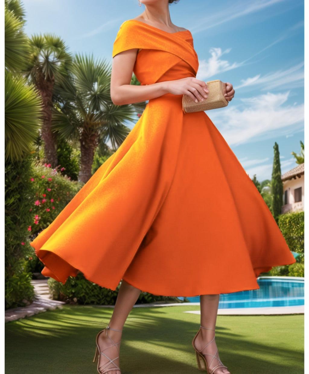 A-Line Tea Length Satin Prom Dress CS0455 - COCOMELODY