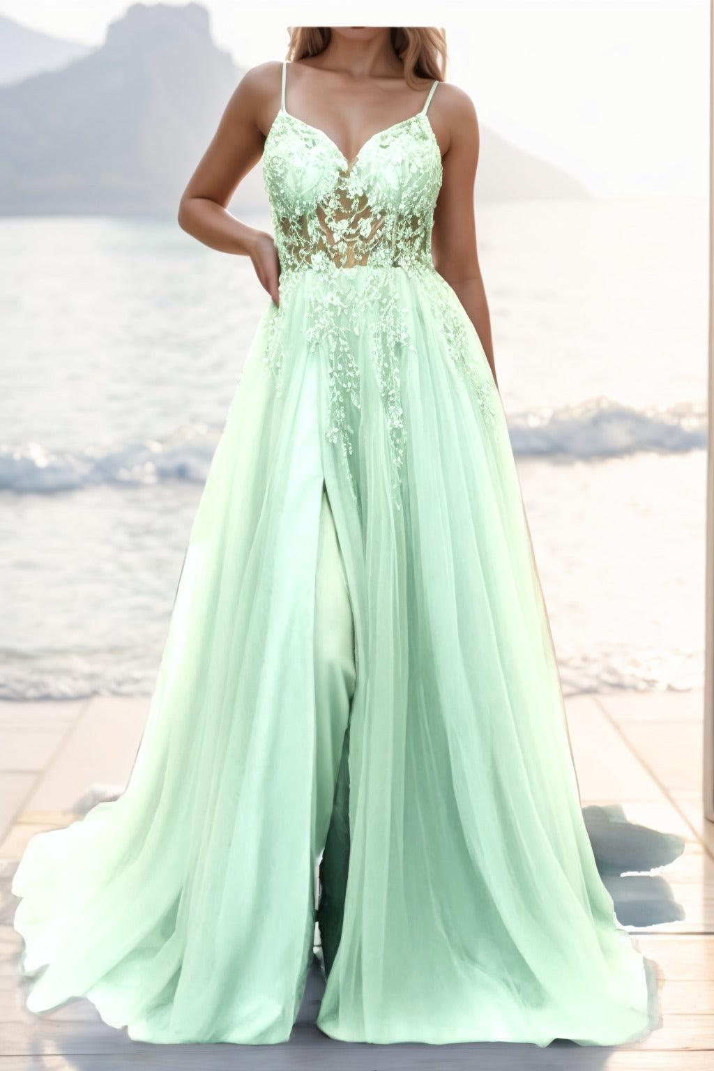 A-line Sweep-Brush Train Tulle Prom Dress CS0402 - COCOMELODY
