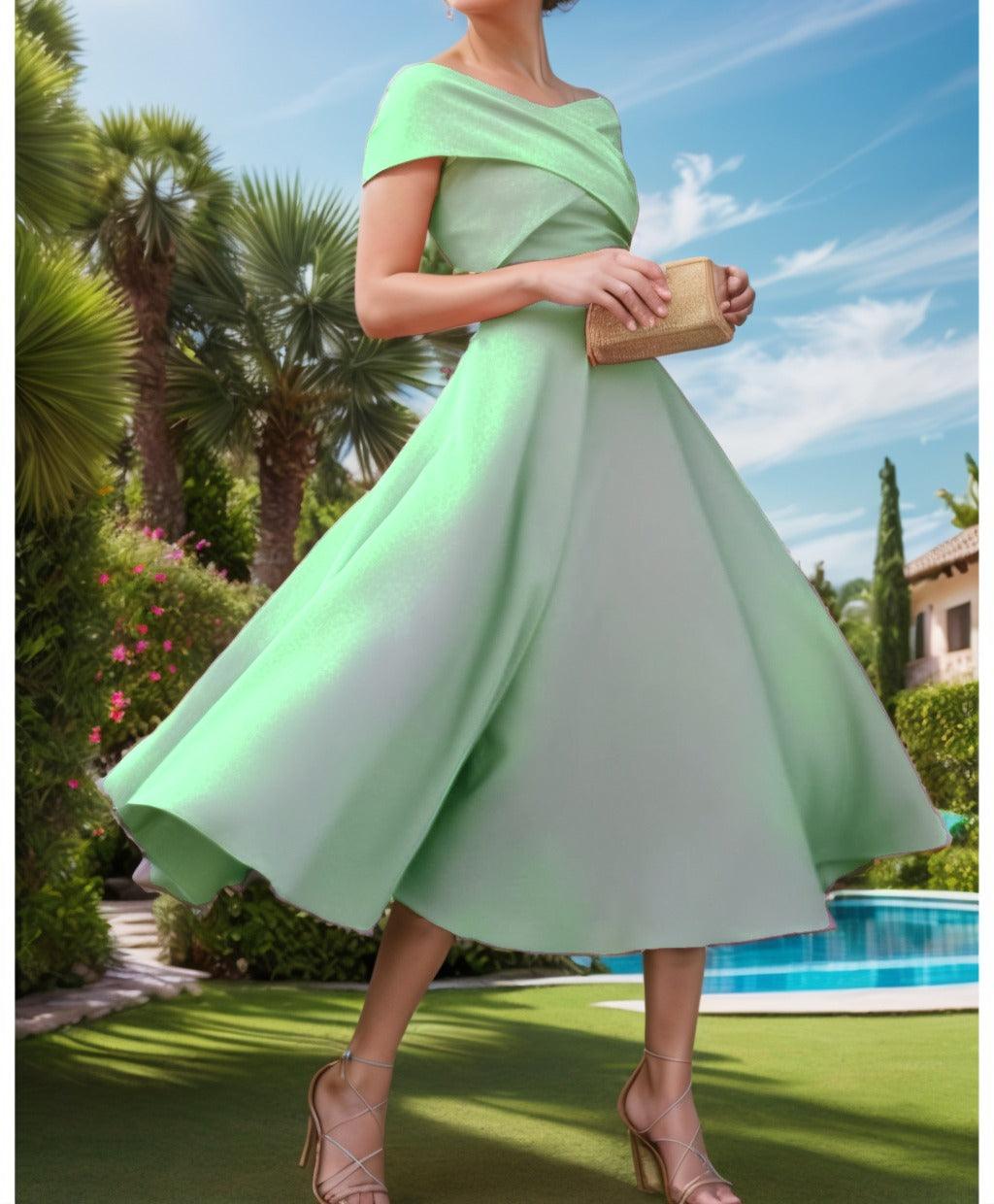 A-Line Tea Length Satin Prom Dress CS0455 - COCOMELODY