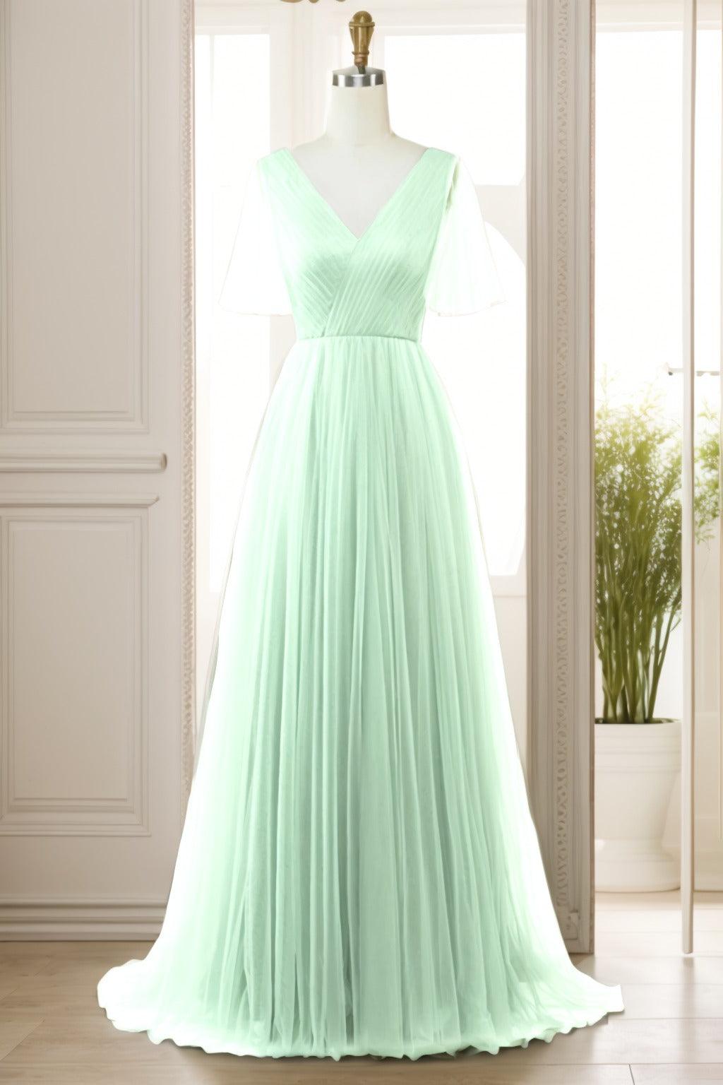 A-Line Sweep-Brush Train Tulle Prom Dress CS0472 - COCOMELODY