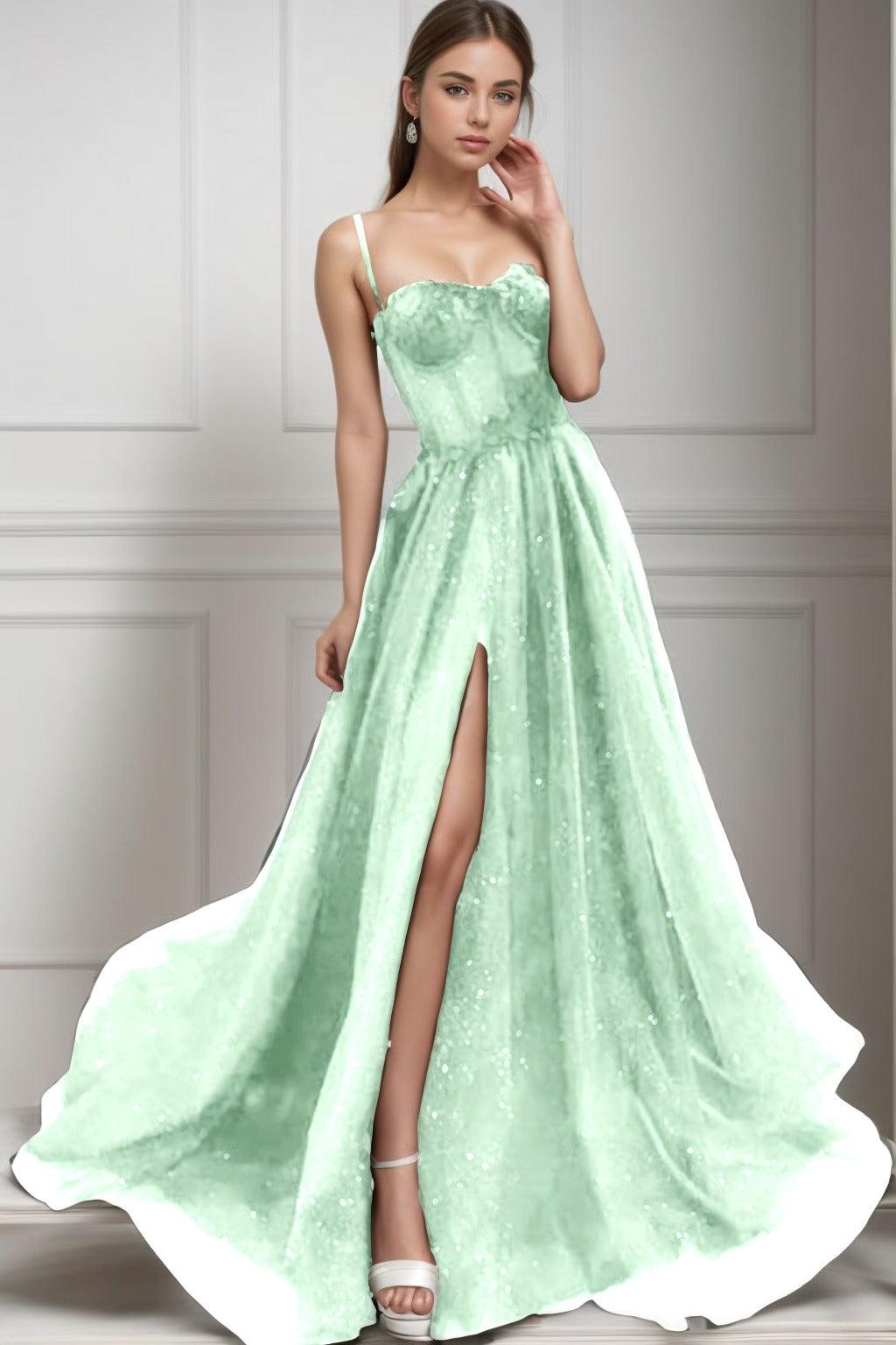 A-Line Sweep-Brush Train Tulle Prom Dress CS0439 - COCOMELODY