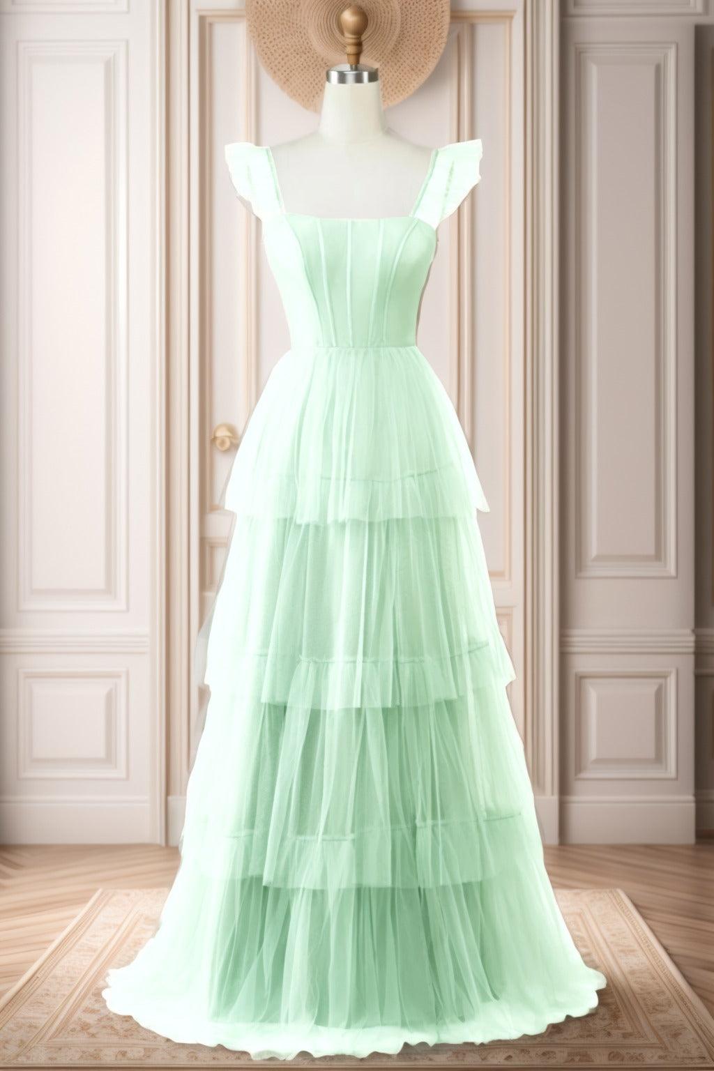 A-Line Sweep-Brush Train Tulle Prom Dress CS0471 - COCOMELODY