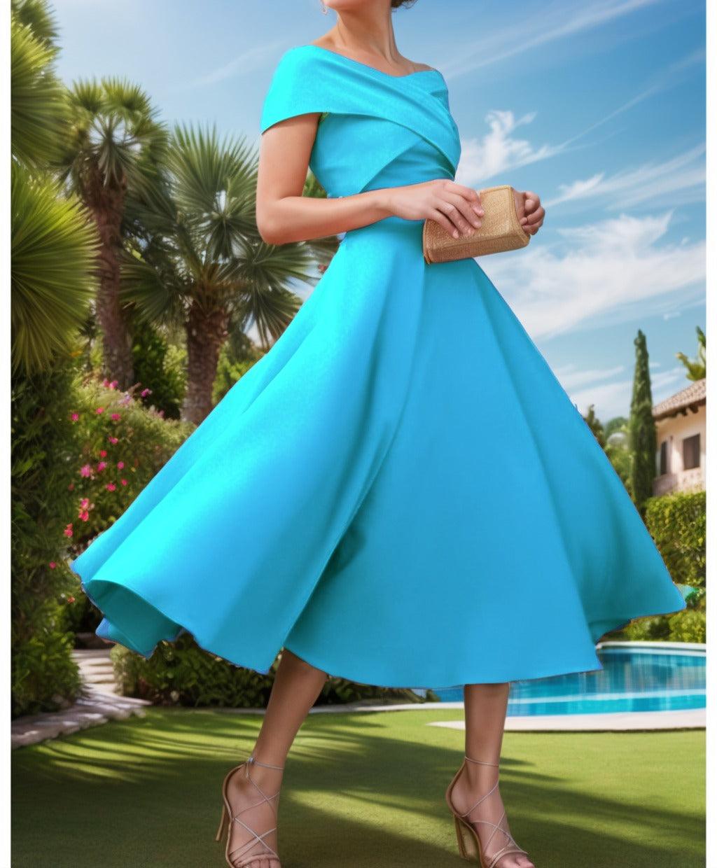 A-Line Tea Length Satin Prom Dress CS0455 - COCOMELODY
