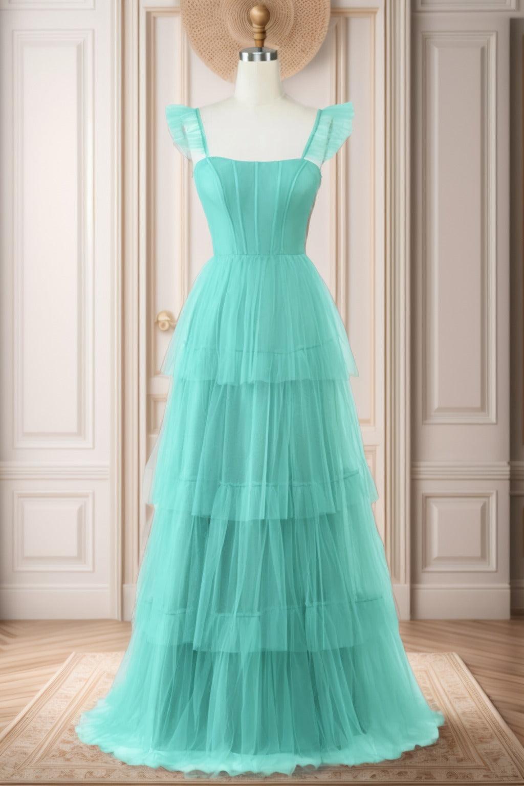 A-Line Sweep-Brush Train Tulle Prom Dress CS0471 - COCOMELODY