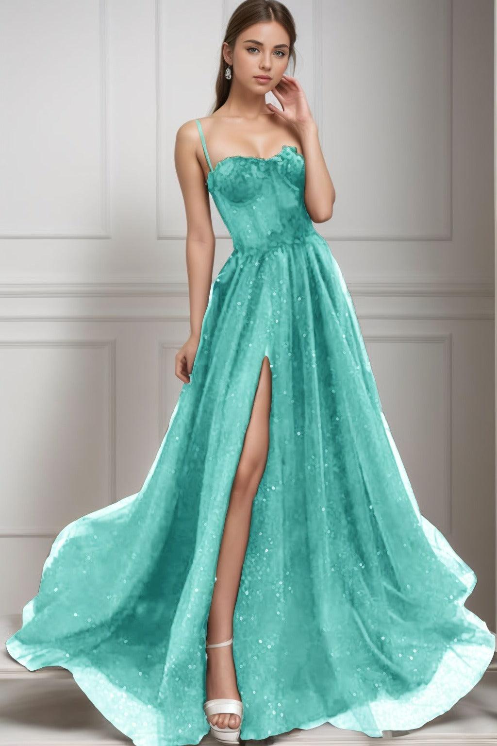 A-Line Sweep-Brush Train Tulle Prom Dress CS0439 - COCOMELODY