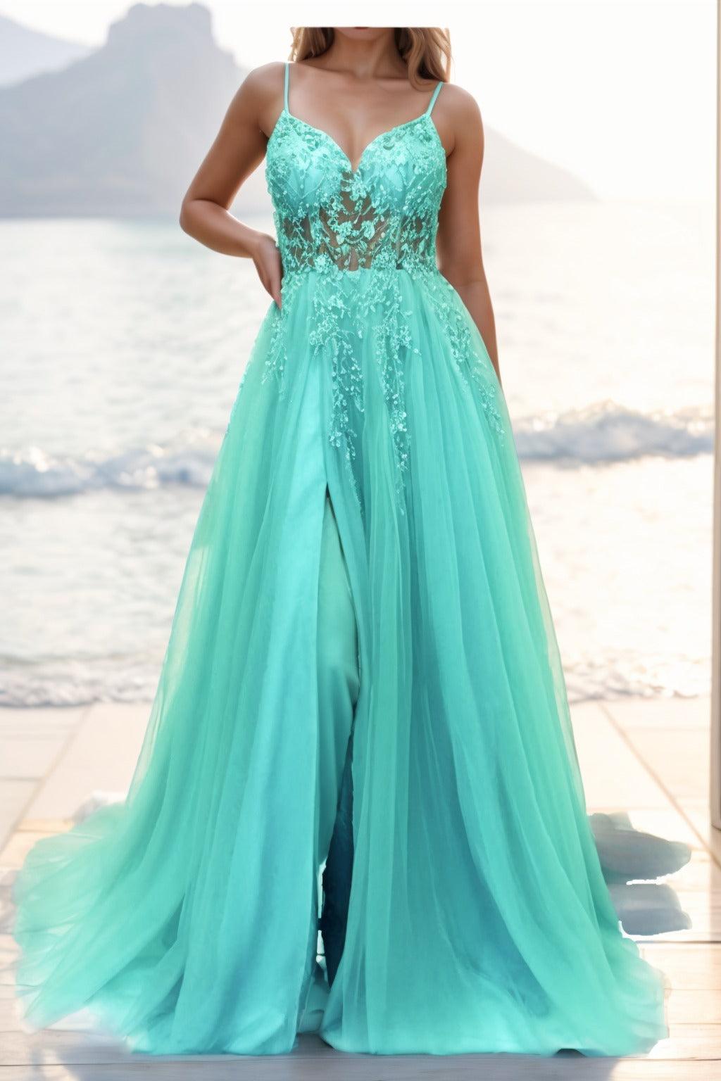 A-line Sweep-Brush Train Tulle Prom Dress CS0402 - COCOMELODY