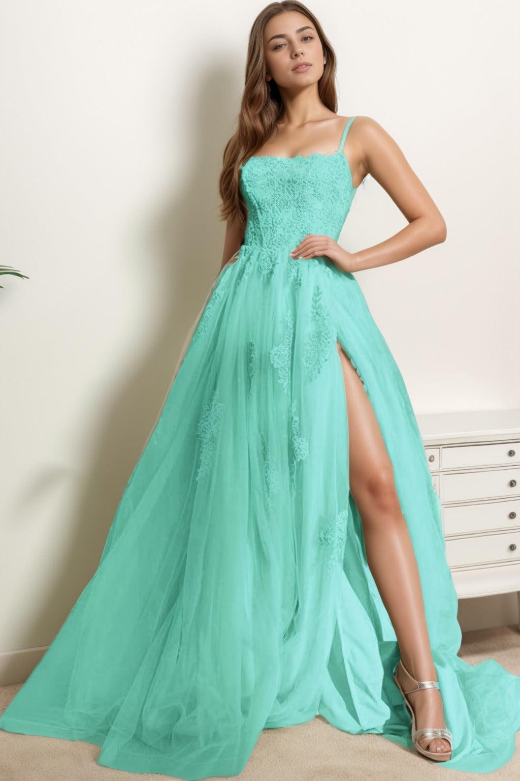 A-Line Sweep-Brush Train Tulle Prom Dress CS0415 - COCOMELODY