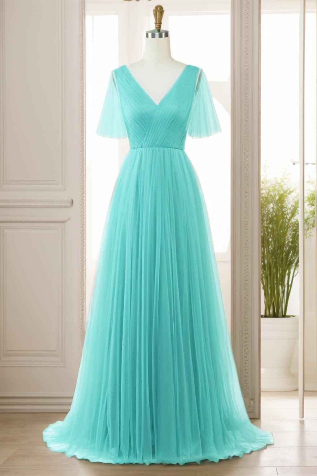 A-Line Sweep-Brush Train Tulle Prom Dress CS0472 - COCOMELODY