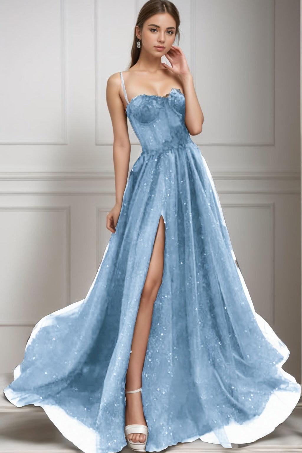 A-Line Sweep-Brush Train Tulle Prom Dress CS0439 - COCOMELODY