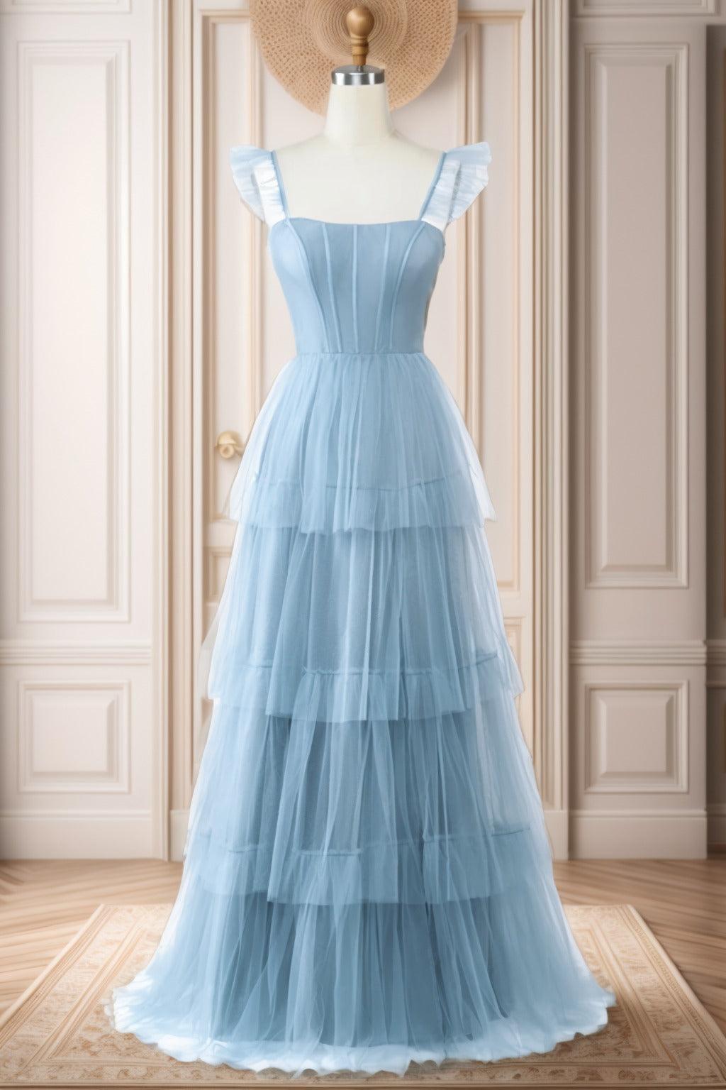 A-Line Sweep-Brush Train Tulle Prom Dress CS0471 - COCOMELODY