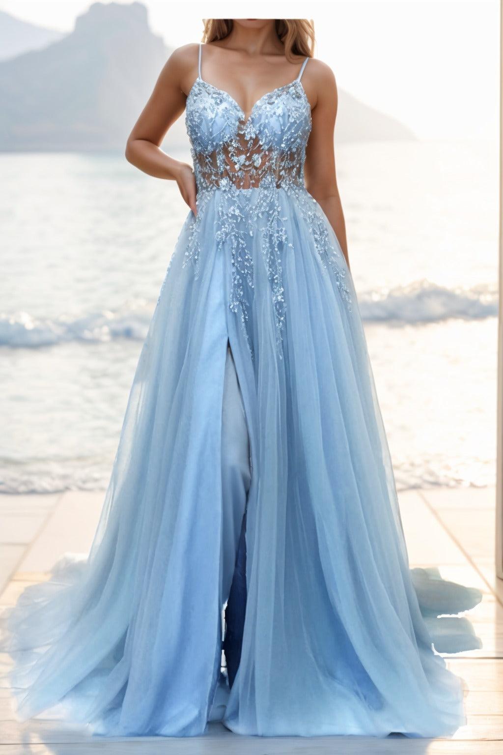 A-line Sweep-Brush Train Tulle Prom Dress CS0402 - COCOMELODY
