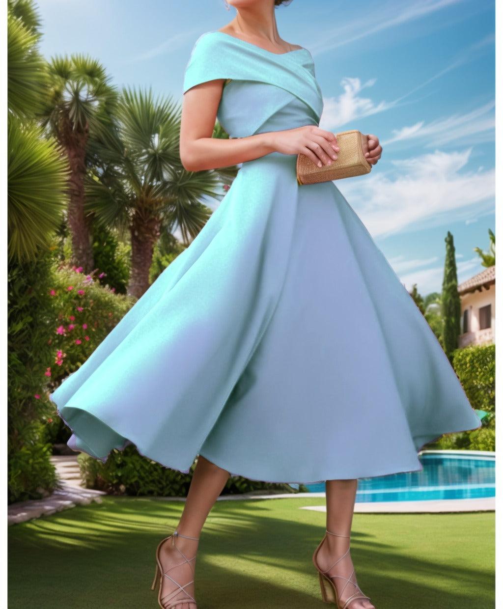 A-Line Tea Length Satin Prom Dress CS0455 - COCOMELODY